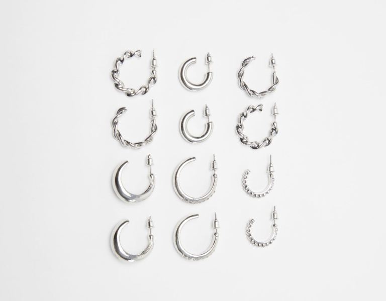 Bershka Set Of 6 Pairs Of Textured Hoop Earrings Schmuck Damen Silber | iMSXjyI6DSK