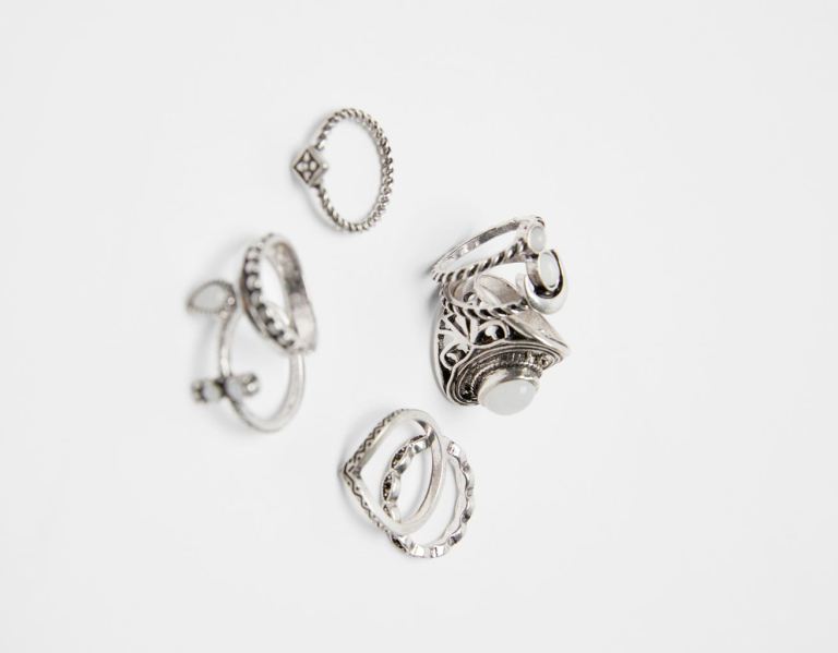 Bershka Set Of 7 Boho Rings Schmuck Damen Silber | sJK6lB3aRPY