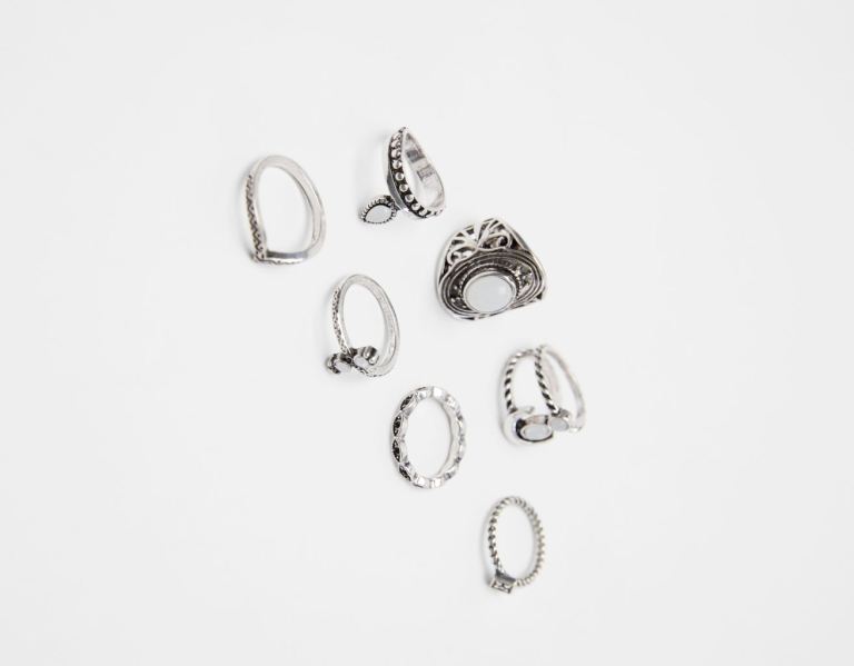 Bershka Set Of 7 Boho Rings Schmuck Damen Silber | sJK6lB3aRPY