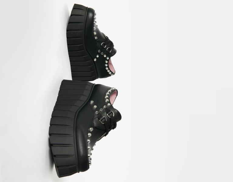 Bershka Spitze-up Plattform Shoes With Studs Flache Schuhe Damen Schwarz | pWunqPIbgm6