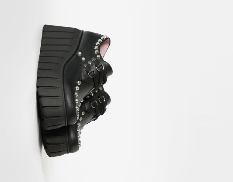 Bershka Spitze-up Plattform Shoes With Studs Flache Schuhe Damen Schwarz | pWunqPIbgm6