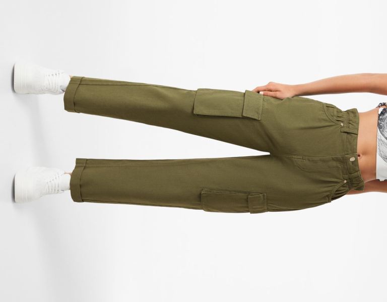 Bershka Twill Cargo With Gathered Taille Hose Damen Khaki | 9vtxqTkUbyp