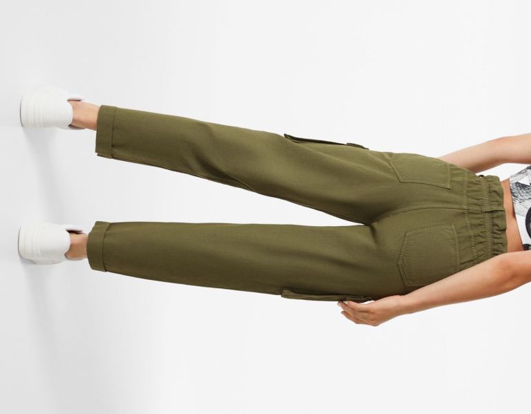 Bershka Twill Cargo With Gathered Taille Hose Damen Khaki | 9vtxqTkUbyp