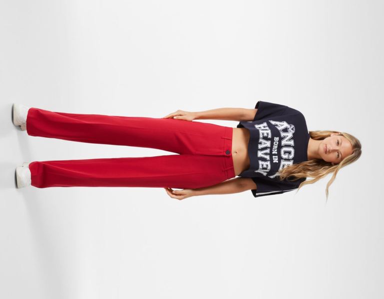 Bershka Weite-leg Pants With Belt Loops Anzüge Damen Rot | LNdpSxooieo