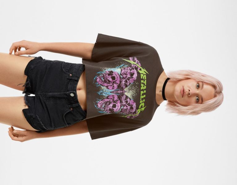 Bershka With Metallica Print T-shirts Damen Schwarz | GrA0iJn9NXg